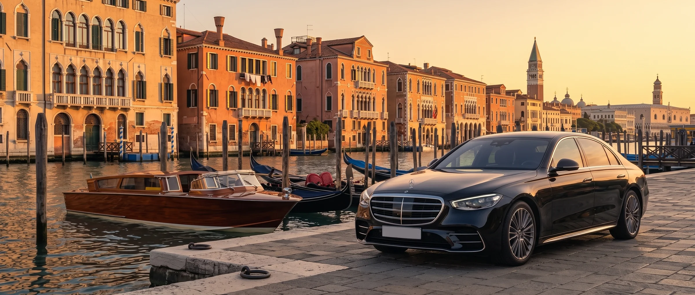 Mercedes Classe S nera sulla fondamenta del Canal Grande a Venezia, accanto a un taxi acqueo in mogano — transfer privati dagli aeroporti di Venezia, Treviso e Trieste